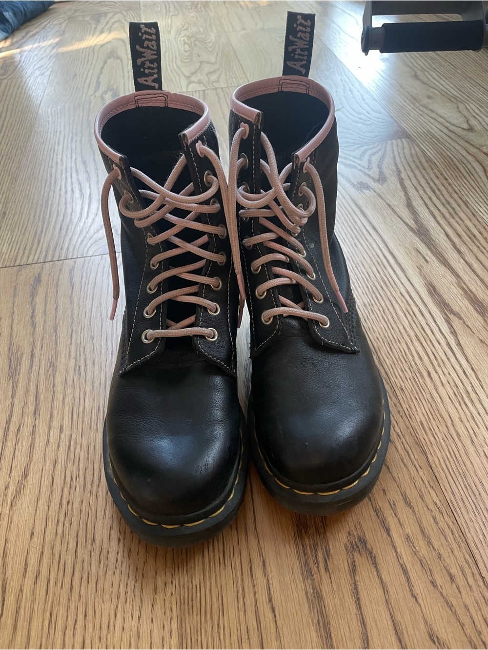 Dr. Martens Black Leather Lace-Up Boots with Pink Trim and Laces